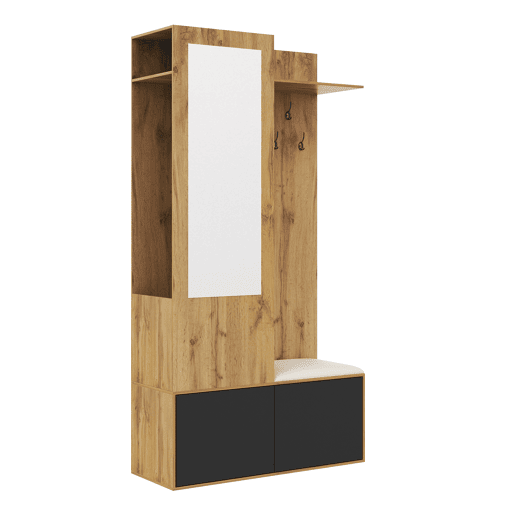 Conjunto de armário + 5 ganchos - espelho, sapateira, banco de entrada, prateleira oculta - Preto + Natural Conjunto de armário + 5 ganchos - espelho, sapateira, banco de entrada, prateleira oculta - Preto + Natural