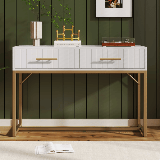 Toucador decorado com riscas verticais - H. 75 cm - com 2 gavetas e base metálica - Branco Toucador decorado com riscas verticais - H. 75 cm - com 2 gavetas e base metálica - Branco