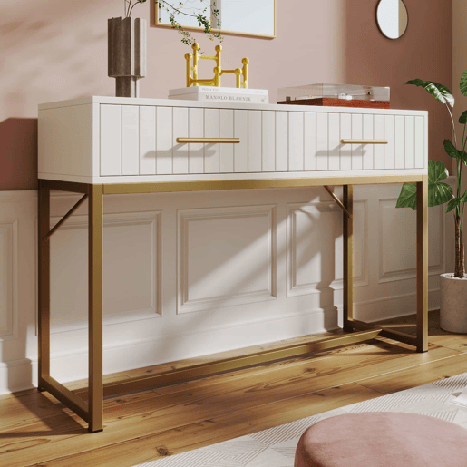 Toucador decorado com riscas verticais - H. 75 cm - com 2 gavetas e base metálica - Branco Toucador decorado com riscas verticais - H. 75 cm - com 2 gavetas e base metálica - Branco