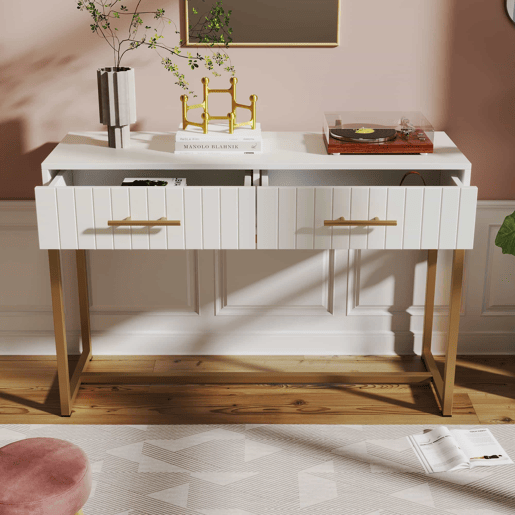 Toucador decorado com riscas verticais - H. 75 cm - com 2 gavetas e base metálica - Branco Toucador decorado com riscas verticais - H. 75 cm - com 2 gavetas e base metálica - Branco