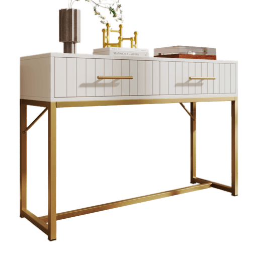 Toucador decorado com riscas verticais - H. 75 cm - com 2 gavetas e base metálica - Branco Toucador decorado com riscas verticais - H. 75 cm - com 2 gavetas e base metálica - Branco