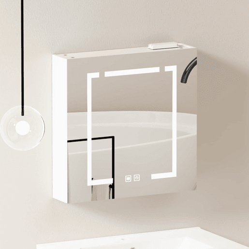 Armário com espelho e iluminação LED de 60 cm - com espaço de arrumação para casa de banho, sala de estar e quarto - branco Armário com espelho e iluminação LED de 60 cm - com espaço de arrumação para casa de banho, sala de estar e quarto - branco