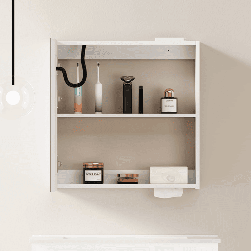 Armário com espelho e iluminação LED de 60 cm - com espaço de arrumação para casa de banho, sala de estar e quarto - branco Armário com espelho e iluminação LED de 60 cm - com espaço de arrumação para casa de banho, sala de estar e quarto - branco