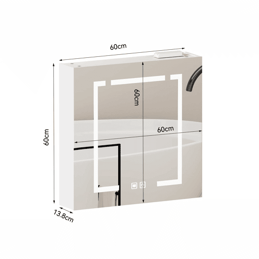 Armário com espelho e iluminação LED de 60 cm - com espaço de arrumação para casa de banho, sala de estar e quarto - branco Armário com espelho e iluminação LED de 60 cm - com espaço de arrumação para casa de banho, sala de estar e quarto - branco