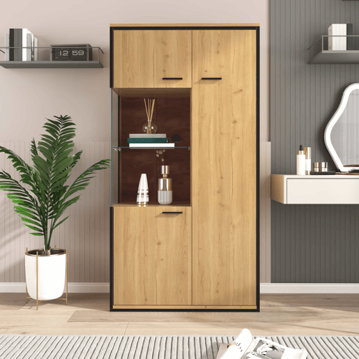 Vitrine moderna 150 cm - Com iluminação LED, portas de vidro, prateleiras multifuncionais, grande capacidade de armazenamento - Natural