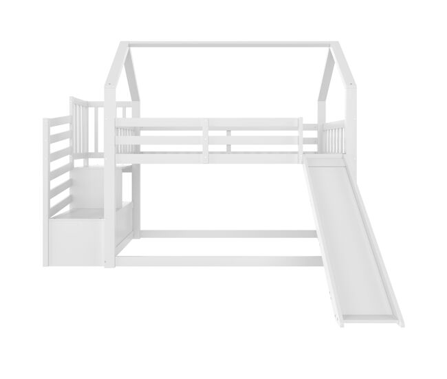 Cama litera 90x200 cm - con escalera, tobogán y barandilla, sin colchón, blanco