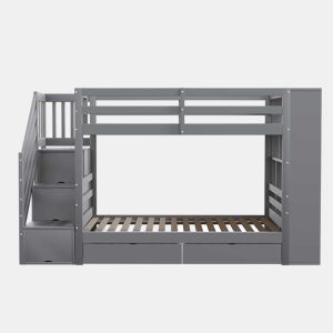 Beliche 90x200 cm - Escada de segurança com arrumação, gavetas e compartimentos grandes - Cinza