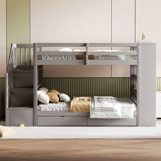 Beliche 90x200 cm - Escada de segurança com arrumação, gavetas e compartimentos grandes - Cinza