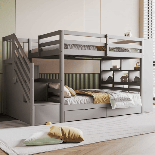 Beliche 90x200 cm - Escada de segurança com arrumação, gavetas e compartimentos grandes - Cinza