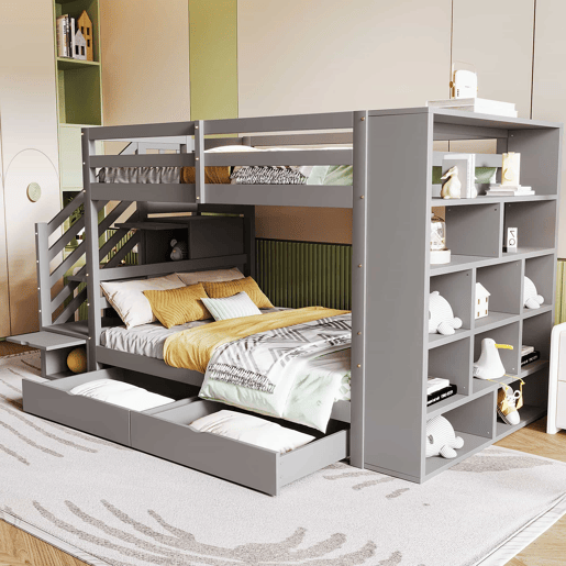 Beliche 90x200 cm - Escada de segurança com arrumação, gavetas e compartimentos grandes - Cinza