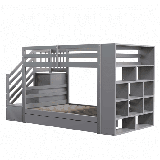 Beliche 90x200 cm - Escada de segurança com arrumação, gavetas e compartimentos grandes - Cinza