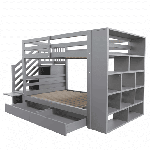 Beliche 90x200 cm - Escada de segurança com arrumação, gavetas e compartimentos grandes - Cinza