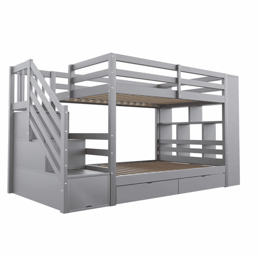 Beliche 90x200 cm - Escada de segurança com arrumação, gavetas e compartimentos grandes - Cinza