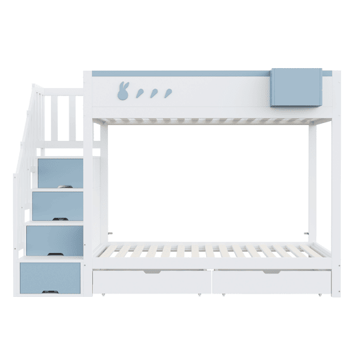 Cama beliche infantil 90x200 cm - Com motivos de coelhos e cenouras, escada segura, gavetas, branco e azul Cama beliche infantil 90x200 cm - Com motivos de coelhos e cenouras, escada segura, gavetas, branco e azul