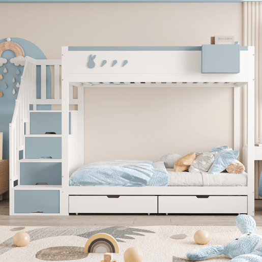 Cama beliche infantil 90x200 cm - Com motivos de coelhos e cenouras, escada segura, gavetas, branco e azul Cama beliche infantil 90x200 cm - Com motivos de coelhos e cenouras, escada segura, gavetas, branco e azul