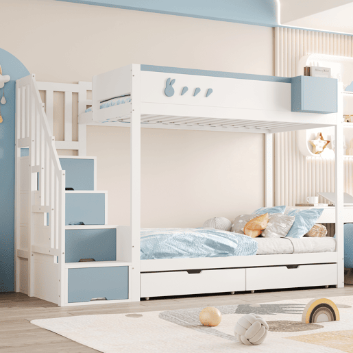 Cama beliche infantil 90x200 cm - Com motivos de coelhos e cenouras, escada segura, gavetas, branco e azul Cama beliche infantil 90x200 cm - Com motivos de coelhos e cenouras, escada segura, gavetas, branco e azul