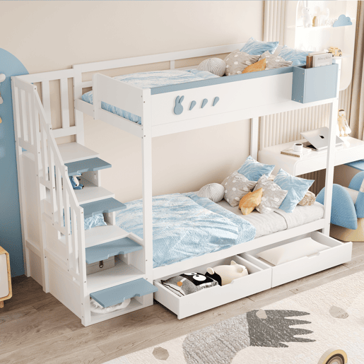 Cama beliche infantil 90x200 cm - Com motivos de coelhos e cenouras, escada segura, gavetas, branco e azul Cama beliche infantil 90x200 cm - Com motivos de coelhos e cenouras, escada segura, gavetas, branco e azul