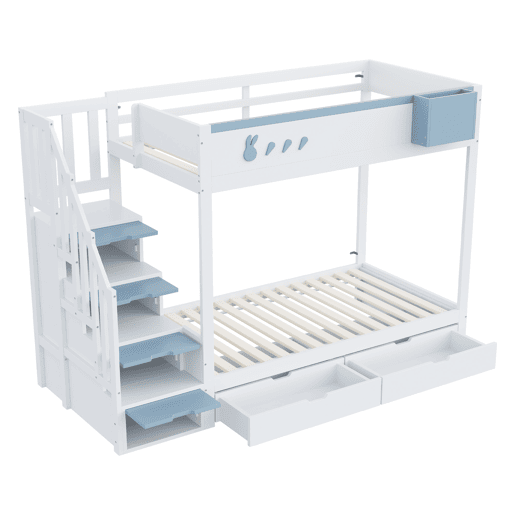 Cama beliche infantil 90x200 cm - Com motivos de coelhos e cenouras, escada segura, gavetas, branco e azul Cama beliche infantil 90x200 cm - Com motivos de coelhos e cenouras, escada segura, gavetas, branco e azul