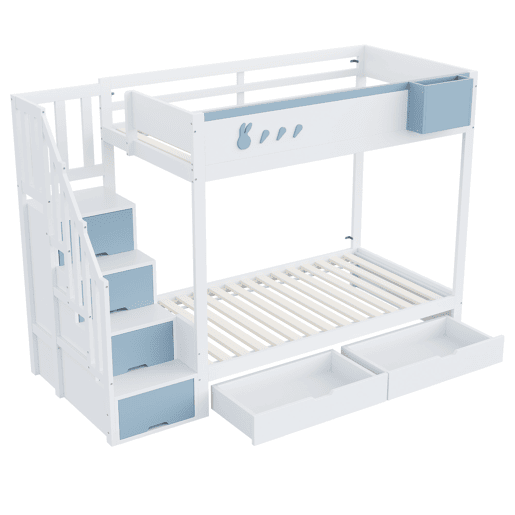 Cama beliche infantil 90x200 cm - Com motivos de coelhos e cenouras, escada segura, gavetas, branco e azul Cama beliche infantil 90x200 cm - Com motivos de coelhos e cenouras, escada segura, gavetas, branco e azul