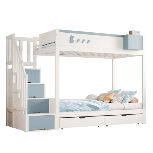 Cama beliche infantil 90x200 cm - Com motivos de coelhos e cenouras, escada segura, gavetas, branco e azul Cama beliche infantil 90x200 cm - Com motivos de coelhos e cenouras, escada segura, gavetas, branco e azul