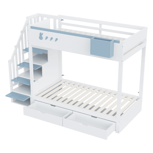 Cama beliche infantil 90x200 cm - Com motivos de coelhos e cenouras, escada segura, gavetas, branco e azul Cama beliche infantil 90x200 cm - Com motivos de coelhos e cenouras, escada segura, gavetas, branco e azul