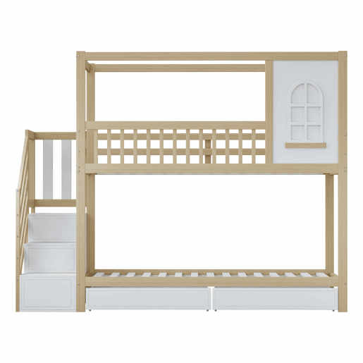 Cama beliche 90x200 cm - Madeira maciça, em forma de casa com janelas, barreira de segurança e escadas - Cor madeira Cama beliche 90x200 cm - Madeira maciça, em forma de casa com janelas, barreira de segurança e escadas - Cor madeira