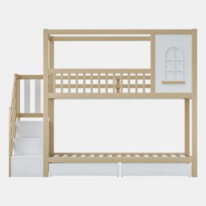 Cama beliche 90x200 cm - Madeira maciça, em forma de casa com janelas, barreira de segurança e escadas - Cor madeira