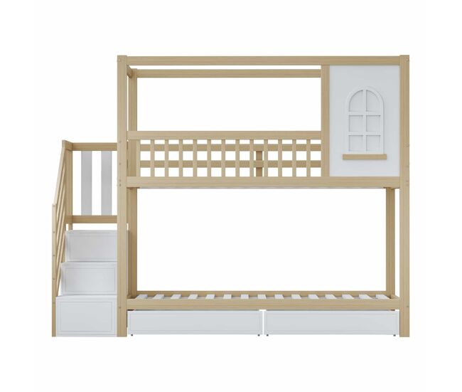 Cama literas 90x200 cm - madera maciza, forma de casa con ventanas, valla de seguridad y escaleras - color madera