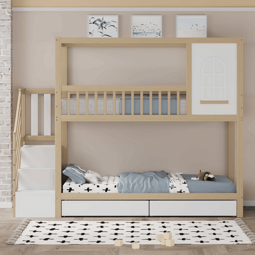 Cama beliche 90x200 cm - Madeira maciça, em forma de casa com janelas, barreira de segurança e escadas - Cor madeira Cama beliche 90x200 cm - Madeira maciça, em forma de casa com janelas, barreira de segurança e escadas - Cor madeira