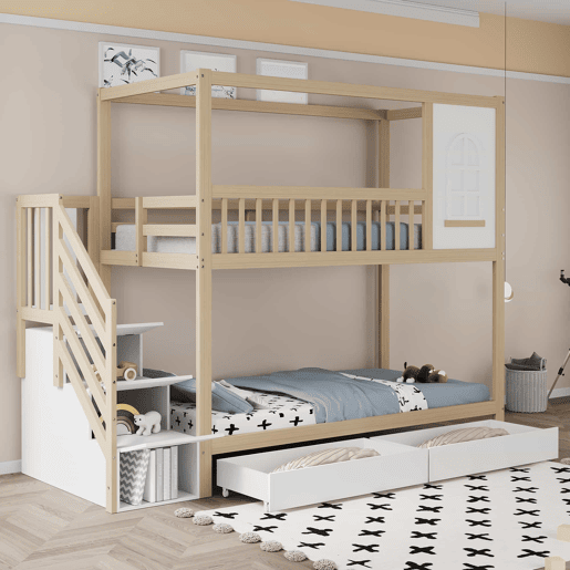 Cama beliche 90x200 cm - Madeira maciça, em forma de casa com janelas, barreira de segurança e escadas - Cor madeira Cama beliche 90x200 cm - Madeira maciça, em forma de casa com janelas, barreira de segurança e escadas - Cor madeira