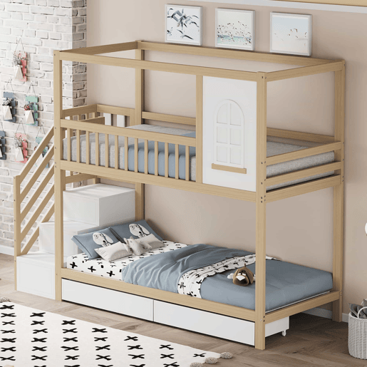 Cama beliche 90x200 cm - Madeira maciça, em forma de casa com janelas, barreira de segurança e escadas - Cor madeira Cama beliche 90x200 cm - Madeira maciça, em forma de casa com janelas, barreira de segurança e escadas - Cor madeira