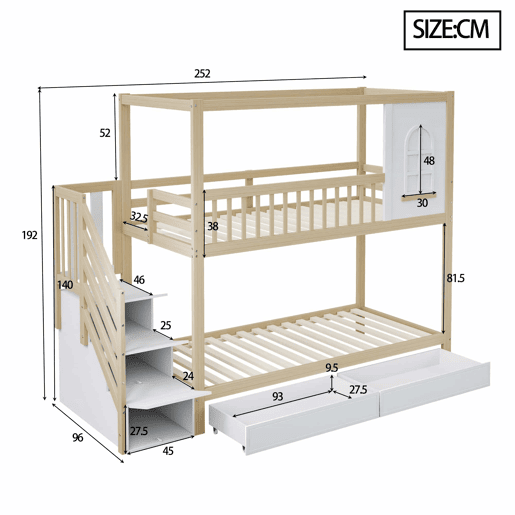 Cama beliche 90x200 cm - Madeira maciça, em forma de casa com janelas, barreira de segurança e escadas - Cor madeira Cama beliche 90x200 cm - Madeira maciça, em forma de casa com janelas, barreira de segurança e escadas - Cor madeira