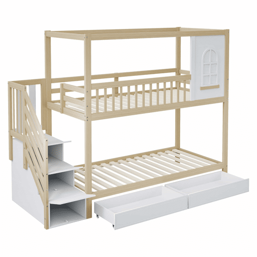 Cama beliche 90x200 cm - Madeira maciça, em forma de casa com janelas, barreira de segurança e escadas - Cor madeira Cama beliche 90x200 cm - Madeira maciça, em forma de casa com janelas, barreira de segurança e escadas - Cor madeira