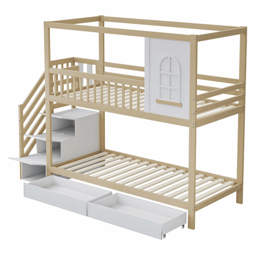 Cama beliche 90x200 cm - Madeira maciça, em forma de casa com janelas, barreira de segurança e escadas - Cor madeira Cama beliche 90x200 cm - Madeira maciça, em forma de casa com janelas, barreira de segurança e escadas - Cor madeira