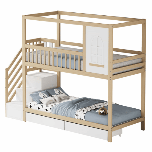Cama beliche 90x200 cm - Madeira maciça, em forma de casa com janelas, barreira de segurança e escadas - Cor madeira Cama beliche 90x200 cm - Madeira maciça, em forma de casa com janelas, barreira de segurança e escadas - Cor madeira