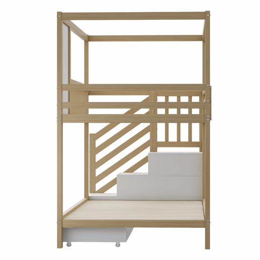 Cama beliche 90x200 cm - Madeira maciça, em forma de casa com janelas, barreira de segurança e escadas - Cor madeira Cama beliche 90x200 cm - Madeira maciça, em forma de casa com janelas, barreira de segurança e escadas - Cor madeira