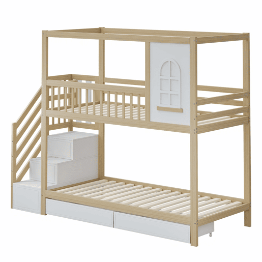 Cama beliche 90x200 cm - Madeira maciça, em forma de casa com janelas, barreira de segurança e escadas - Cor madeira Cama beliche 90x200 cm - Madeira maciça, em forma de casa com janelas, barreira de segurança e escadas - Cor madeira