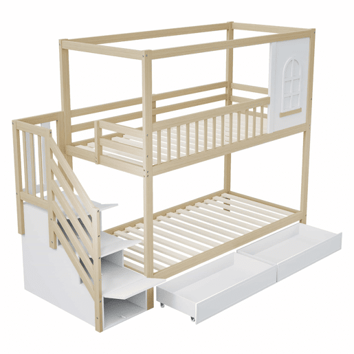 Cama beliche 90x200 cm - Madeira maciça, em forma de casa com janelas, barreira de segurança e escadas - Cor madeira Cama beliche 90x200 cm - Madeira maciça, em forma de casa com janelas, barreira de segurança e escadas - Cor madeira