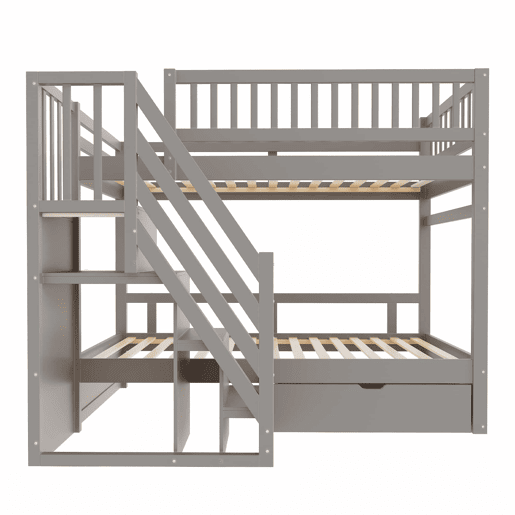 Cama beliche 90*200 cm - Com painel de segurança alto, com estrado, escada de segurança com arrumação, com gavetas, cama infantil juvenil - Cinza Cama beliche 90*200 cm - Com painel de segurança alto, com estrado, escada de segurança com arrumação, com gavetas, cama infantil juvenil - Cinza