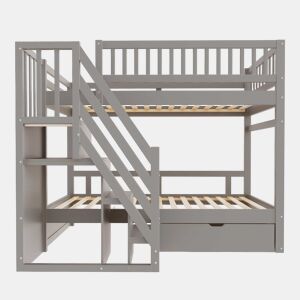 Cama beliche 90*200 cm - Com painel de segurança alto, com estrado, escada de segurança com arrumação, com gavetas, cama infantil juvenil - Cinza