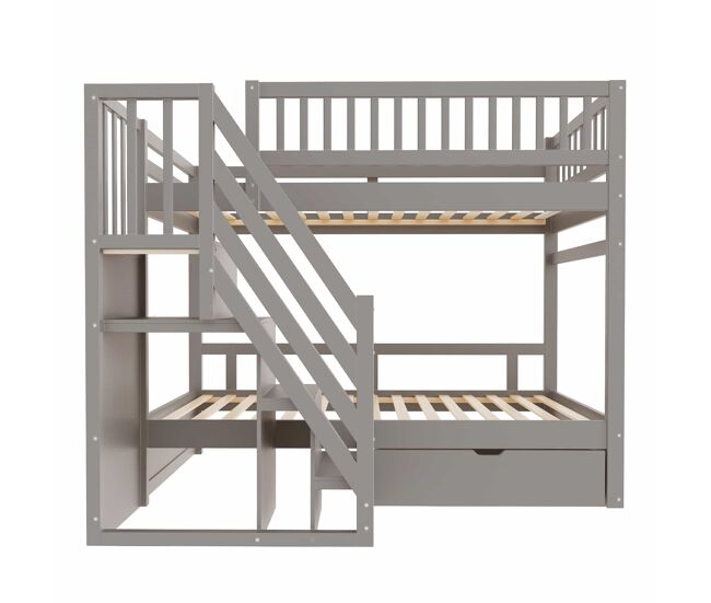 Cama litera 90*200 cm - con alto panel de seguridad, con somier, escalera de seguridad con almacenamiento, con cajones, cama infantil juvenil - gris
