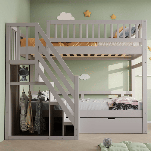 Cama beliche 90*200 cm - Com painel de segurança alto, com estrado, escada de segurança com arrumação, com gavetas, cama infantil juvenil - Cinza Cama beliche 90*200 cm - Com painel de segurança alto, com estrado, escada de segurança com arrumação, com gavetas, cama infantil juvenil - Cinza