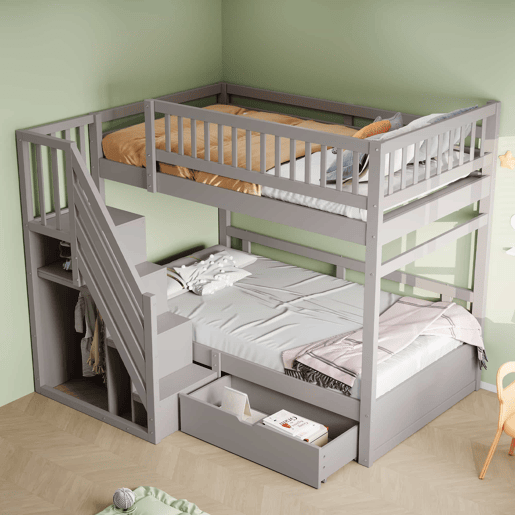 Cama beliche 90*200 cm - Com painel de segurança alto, com estrado, escada de segurança com arrumação, com gavetas, cama infantil juvenil - Cinza Cama beliche 90*200 cm - Com painel de segurança alto, com estrado, escada de segurança com arrumação, com gavetas, cama infantil juvenil - Cinza