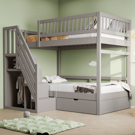 Cama beliche 90*200 cm - Com painel de segurança alto, com estrado, escada de segurança com arrumação, com gavetas, cama infantil juvenil - Cinza Cama beliche 90*200 cm - Com painel de segurança alto, com estrado, escada de segurança com arrumação, com gavetas, cama infantil juvenil - Cinza