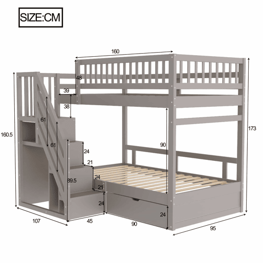 Cama beliche 90*200 cm - Com painel de segurança alto, com estrado, escada de segurança com arrumação, com gavetas, cama infantil juvenil - Cinza Cama beliche 90*200 cm - Com painel de segurança alto, com estrado, escada de segurança com arrumação, com gavetas, cama infantil juvenil - Cinza
