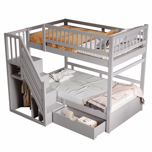 Cama beliche 90*200 cm - Com painel de segurança alto, com estrado, escada de segurança com arrumação, com gavetas, cama infantil juvenil - Cinza Cama beliche 90*200 cm - Com painel de segurança alto, com estrado, escada de segurança com arrumação, com gavetas, cama infantil juvenil - Cinza