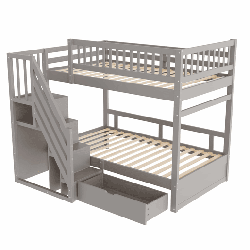 Cama beliche 90*200 cm - Com painel de segurança alto, com estrado, escada de segurança com arrumação, com gavetas, cama infantil juvenil - Cinza Cama beliche 90*200 cm - Com painel de segurança alto, com estrado, escada de segurança com arrumação, com gavetas, cama infantil juvenil - Cinza