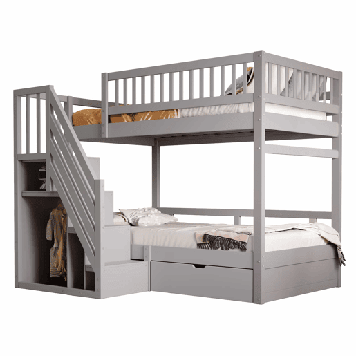 Cama beliche 90*200 cm - Com painel de segurança alto, com estrado, escada de segurança com arrumação, com gavetas, cama infantil juvenil - Cinza Cama beliche 90*200 cm - Com painel de segurança alto, com estrado, escada de segurança com arrumação, com gavetas, cama infantil juvenil - Cinza