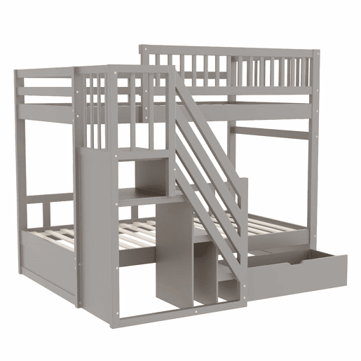 Cama beliche 90*200 cm - Com painel de segurança alto, com estrado, escada de segurança com arrumação, com gavetas, cama infantil juvenil - Cinza Cama beliche 90*200 cm - Com painel de segurança alto, com estrado, escada de segurança com arrumação, com gavetas, cama infantil juvenil - Cinza