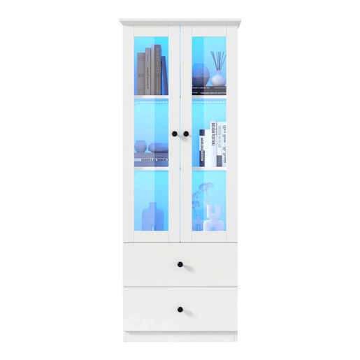 Vitrine LED moderna 165 cm - com USB, comando remoto 16 cores, 2 gavetas, prateleiras ajustáveis, portas basculantes - branco mate Vitrine LED moderna 165 cm - com USB, comando remoto 16 cores, 2 gavetas, prateleiras ajustáveis, portas basculantes - branco mate